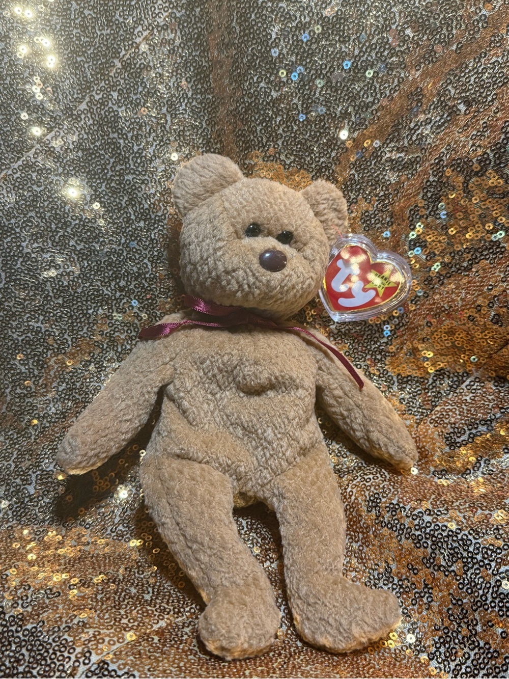 Very Rare Ty Plush Curly The Teddy Bear in Light Brown with Maroon Ribbon
